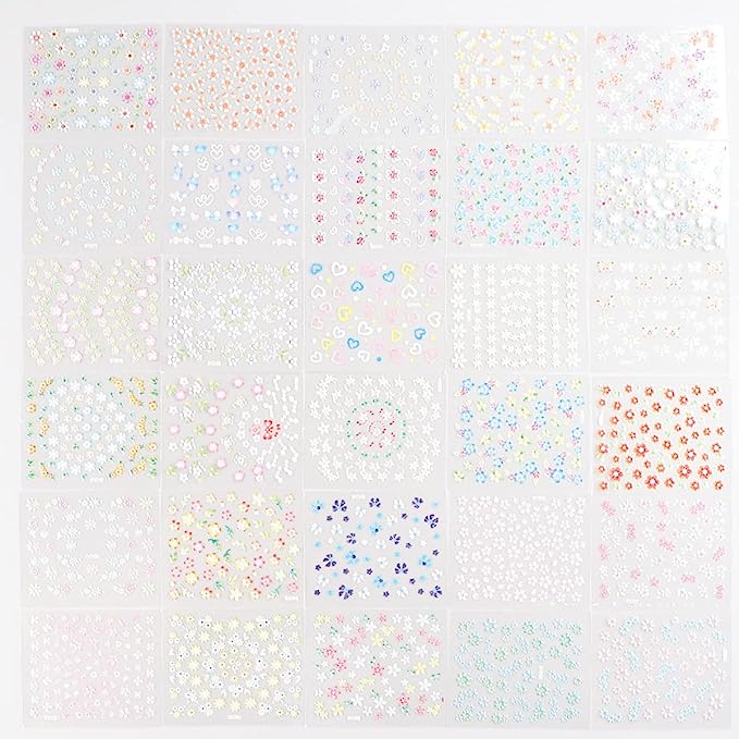 30Sheets Colorful Flower Nail Art Stickers Decals 3D Self Adhesive Nail Stickers Nail Art Supplies Colorful Flower Stickers Daisy Floral Bow Tie Heart Nail Designs Manicure Tips Charms Nail Decoration
