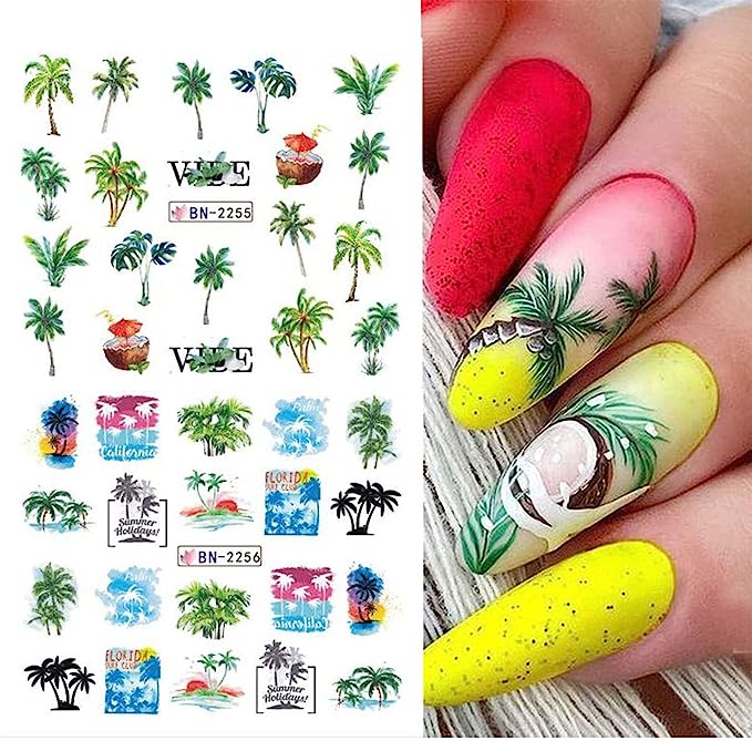 MAIOUSU STORE Nail Art Stickers, 12 Sheets Summer Palm Tree Water Transfer Nail Decals Nail Stickers with Assorted Patterns Coconut Tree Tropical Style Ocean Beach Design DIY Nail Art Decoration, nail salon near me
