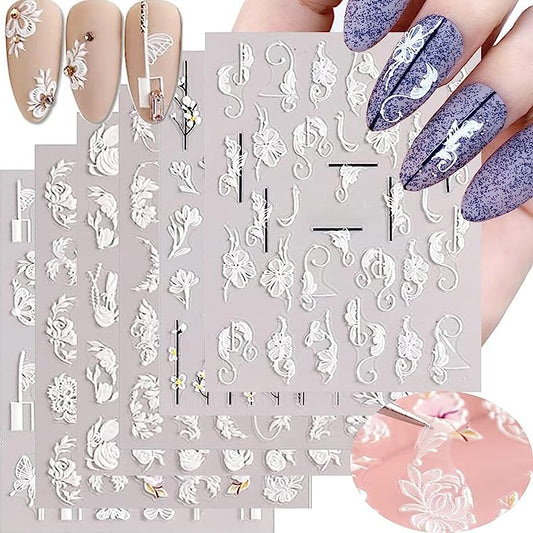 5D Nail Art Stickers White Flower Nail Decals, White Floral Leaf Embossed Designs Nail Stickers 6Pcs Summer Self Adhesive Nail Stickers for Women Manicure Decorations(Same as Style 1)