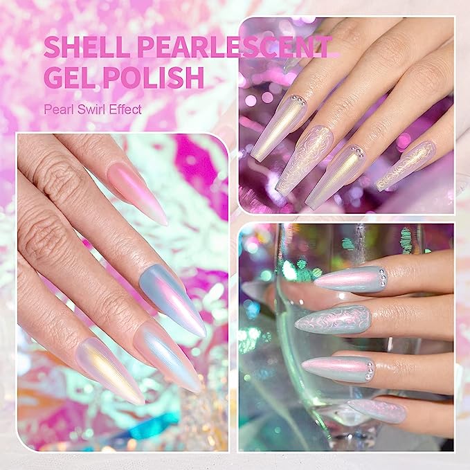 RARJSM Pearl Gel Nail Polish Glitter Pearlescent Shell Gel Polish Pink Beige Pearl Blue Green Purple Shimmer Mermaid Swirl Thread Effect Nail Gel Soak Off LED UV Curing Requires DIY Manicure Use