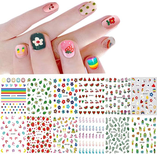 Nail Stickers for Women and Little Girls - 12 Sheets 3D Self-Adhesive DIY Nail Art Decoration Set Including Flowers Leaves Animals Plants Fruits Nail Decals for Woman Kids Girls
