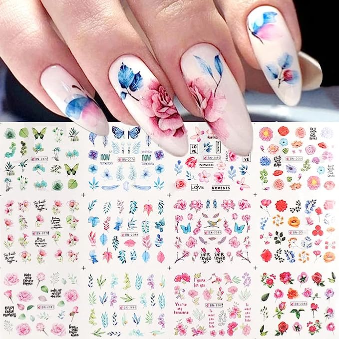 12pcs Flower Leaf Water Transfer Nail Stickers Nail Art Supplies Blooming Flowers Water Decals Watercolor Floral Leaves Nail Stickers Spring Summer Transfer Sliders Manicure Decoration