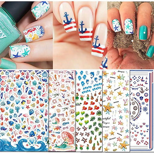 TailaiMei Summer Beach Nail Stickers, 1500+ Pcs Self-Adhesive DIY Nail Art Decals Shark Nautical Turtle Design (12 Sheets)