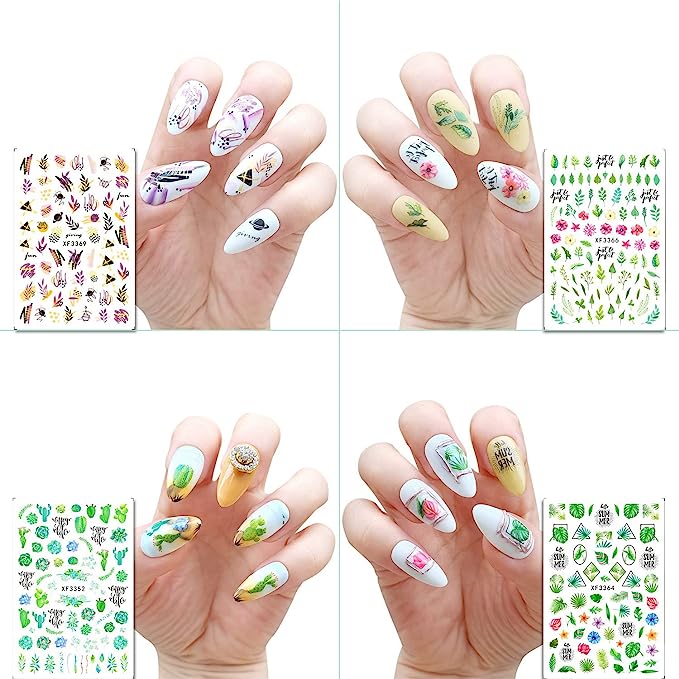 12 Sheets Leaves Nail Art Stickers Decals 3D Summer Nail Decorations Green Plants Tropical Stickers Self-Adhesive Designs Acrylic Palm Leaf Nails Supplies Manicure DIY Nails Art Accessories for Women
