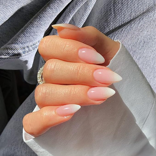 Pink White Gradient Fake Nails Almond,KXAMELIE Acrylic Nails Press on Stiletto Nails Ombre Almond Shaped Stick on Nails Set Glue on Nails Medium Length for Manicure in 24PCS