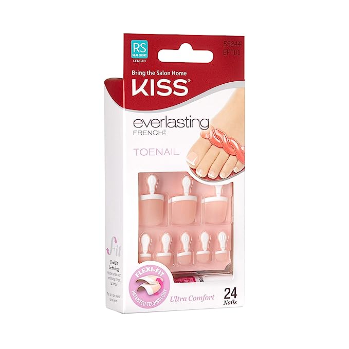 KISS Everlasting French Pedicure Kit, Chip-Free Glue-On Fake Toenails, Real Short Length, Style “Limitless”, Flexi-Fit Technology, Pink Gel Nail Glue, Mini File, Manicure Stick & 24 False Toenails