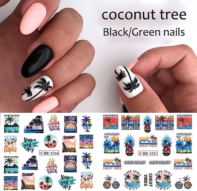 12 Sheets Summer Nail Art Stickers Water Transfer Coconut Tree Nail Decals Tropical Style Ocean Beach Nail Design Sticker Summer Nail Art Supplies for Women Girls DIY Manicure Nail Art Decorations