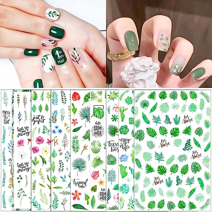 Leaves Nail Stickers Decals,Summer for Nail Decoration 3D Green Plants Tropical Palm Leaf Flower Cactus Self-Adhesive Designs Stickers for Manicure DIY Nails Art Supplies Accessories 9 Sheets