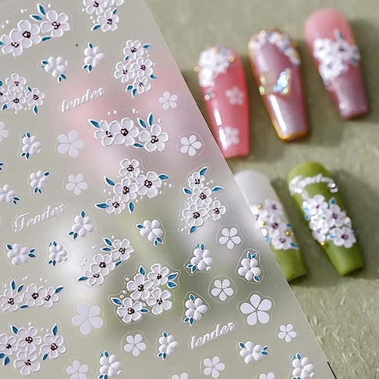 Flower Nail Art Stickers White Flower Nail Decals 5D Acrylic Engraved Nail Stickers Spring Summer Exquisite Design Nail Art Supplies White Flower for Nails DIY Manicure Nail Art Decorations, nail salon near me