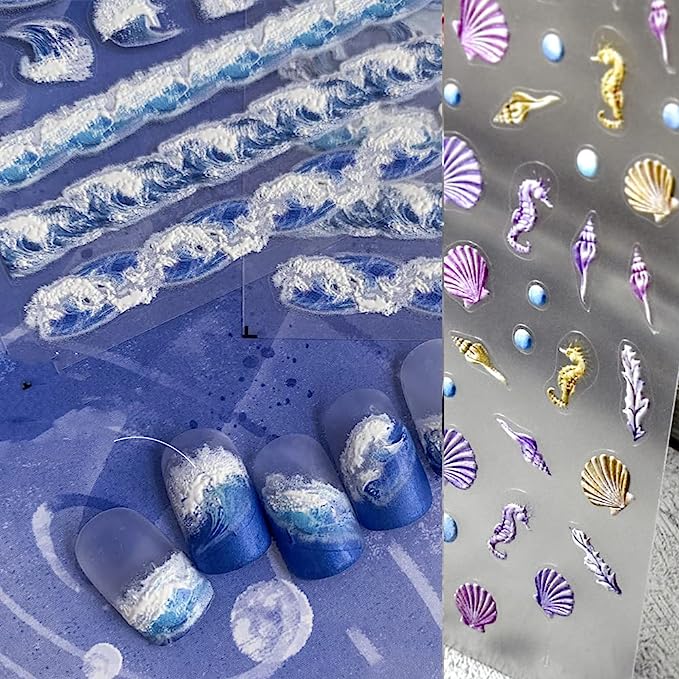5D Relief Nail Art Stickers Ocean Starfish Jellyfish Summer Sea Waves Decals Tip for Salon DIY Acrylic Nails Design 3Sheets(Beach)