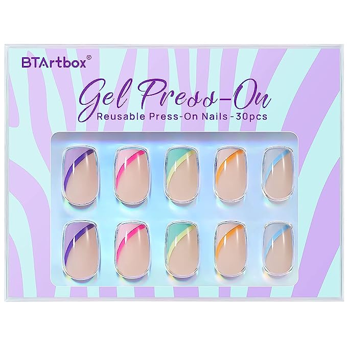 Short Press On Nails - BTArtbox Supremely Fit & Natural Soft Gel French Tip Press On Nails, Square Glue On Nails with Nail Glue, Reusable Stick On Nails in 15 Sizes - 30 Fake Nails Kit, Pastel Curves