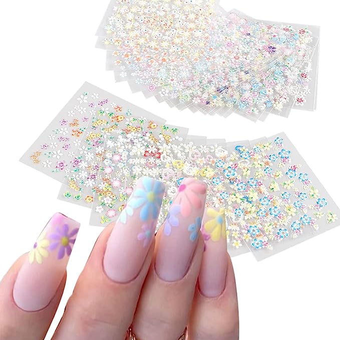 30Sheets Colorful Flower Nail Art Stickers Decals 3D Self Adhesive Nail Stickers Nail Art Supplies Colorful Flower Stickers Daisy Floral Bow Tie Heart Nail Designs Manicure Tips Charms Nail Decoration