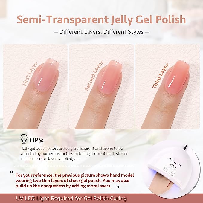 GAOY Summer Jelly Gel Nail Polish Set of 6 Colors Including Red Pink Nude Kit UV LED Soak Off Home DIY Manicure Salon Varnish