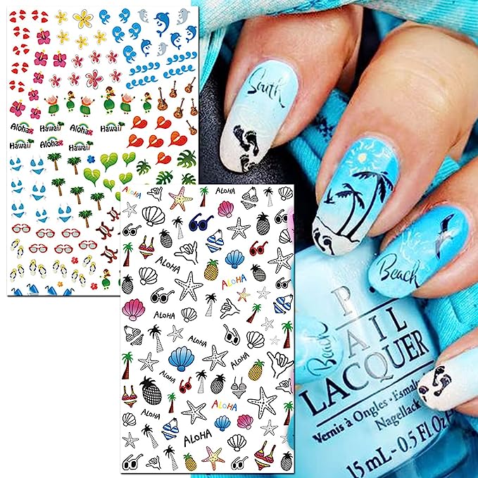 TailaiMei Summer Beach Nail Stickers, 1500+ Pcs Self-Adhesive DIY Nail Art Decals Shark Nautical Turtle Design (12 Sheets)