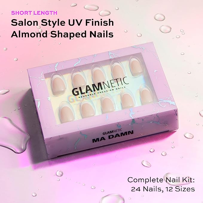 Glamnetic Press On Nails - Ma Damn | French Tip , UV Finish Short Pointed Almond Shape, Reusable Semi-Transparent Nails in 12 Sizes - 24 Nail Kit with Glue