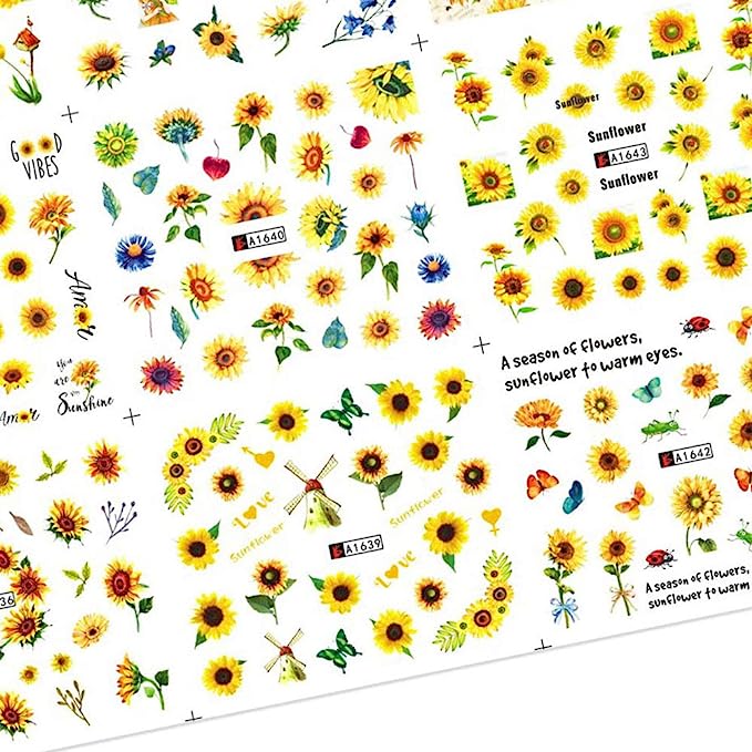 Nail Art Stickers Water Transfer Nail Decals, 12 Sheets Flower Nail Stickers Nail Art Supplies Sunflower Nail Decals Nail Art Accessories Summer Nails Design Kit Sticker for Acrylic Nail Decorations