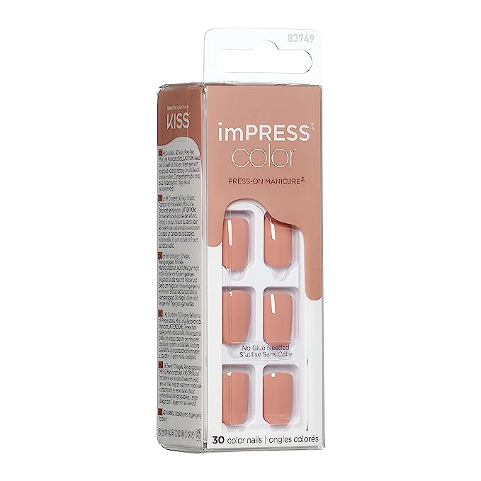 KISS imPRESS Color Press-On Nails, Gel Nail Kit, PureFit Technology, Short Length, Sandbox, Polish-Free Solid Color Manicure, Includes Prep Pad, Mini Nail File, Cuticle Stick, 30 Fake Nails