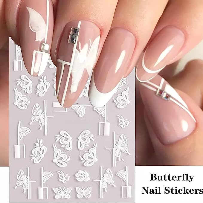 5D Nail Art Stickers White Flower Nail Decals, White Floral Leaf Embossed Designs Nail Stickers 6Pcs Summer Self Adhesive Nail Stickers for Women Manicure Decorations(Same as Style 1)