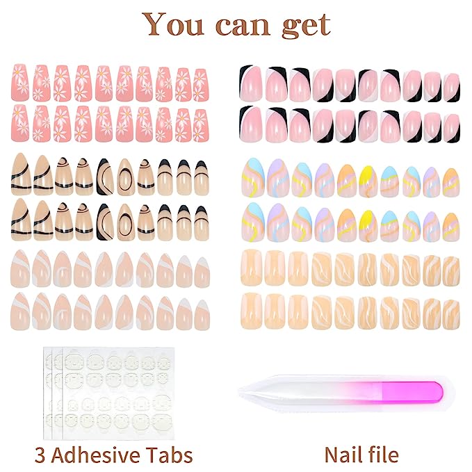 6 Packs (144 Pcs) Press on Nails Medium Design, Misssix Fake Nails Almond and Square Glue on Nails Set with Adhesive Tabs Nail File for Women