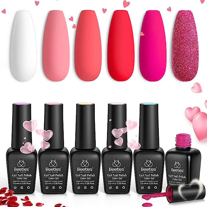 Beetles Gel Nail Polish Set - 6 Colors Pink Rose Red Spring Summer Nail Gel Kit Sweetheart Candies Collection Pink Glitter Gifts for Women Girlfriend Soak Off Nail Lamp Manicure Kit