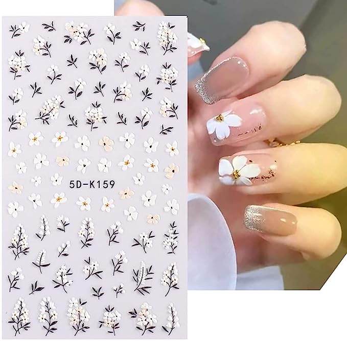 YOSOMK Flower Nail Art Stickers 5D Embossed Nail Decals Spring Daisy Nail Art Design Self Adhesive Nail Supplies White Yellow Colorful Flower Nail Stickers for Women Manicure Decoration