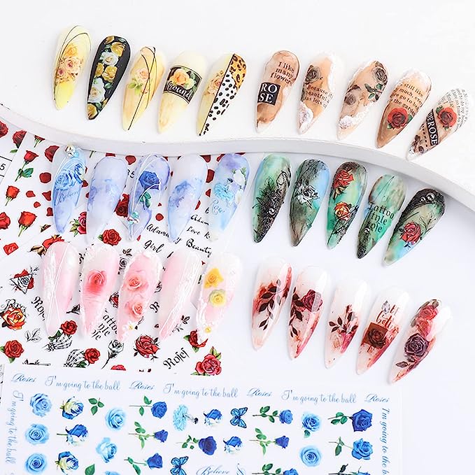 6 Sheets Flower Nail Art Stickers 3D Blue Pink Red Rose Nail Decals Spring Summer Nail Art Supplies Leopard Snake Leaf Butterfly Floral Nail Designs Supply Nail Stickers for Acrylic Nails Decor