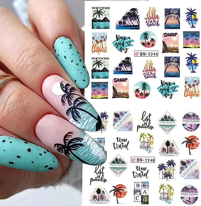 12 Sheets Summer Nail Art Stickers Water Transfer Coconut Tree Nail Decals Tropical Style Ocean Beach Nail Design Sticker Summer Nail Art Supplies for Women Girls DIY Manicure Nail Art Decorations