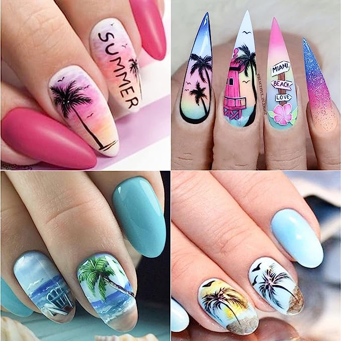 12 Sheets Summer Nail Art Stickers Water Transfer Coconut Tree Nail Decals Tropical Style Ocean Beach Nail Design Sticker Summer Nail Art Supplies for Women Girls DIY Manicure Nail Art Decorations