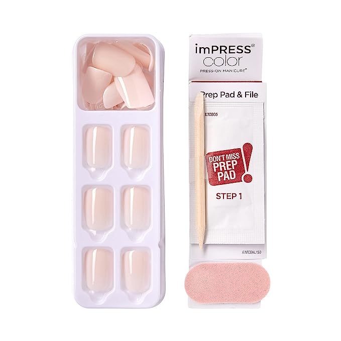 KISS imPRESS Color Press-On Nails, Gel Nail Kit, PureFit Technology, Short Length, “Point Pink”, Polish-Free Solid Color Manicure, Includes Prep Pad, Mini Nail File, Cuticle Stick, and 30 Fake Nails