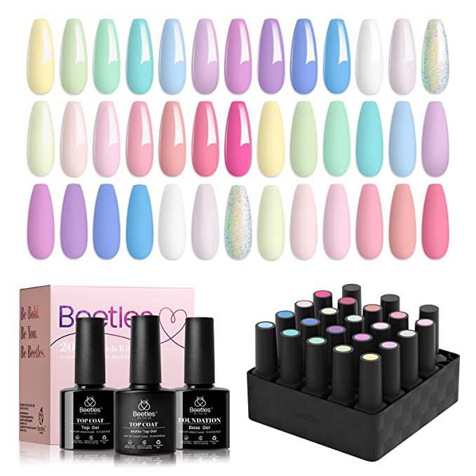 beetles Gel Polish Nail Set 20 Colors Dreamy Town Collection Pastel Girly Sparkle Glitter 2023 Spring Summer Macaroon Bright Manicure Kit for Girls Women with 3Pcs Base Top Coat