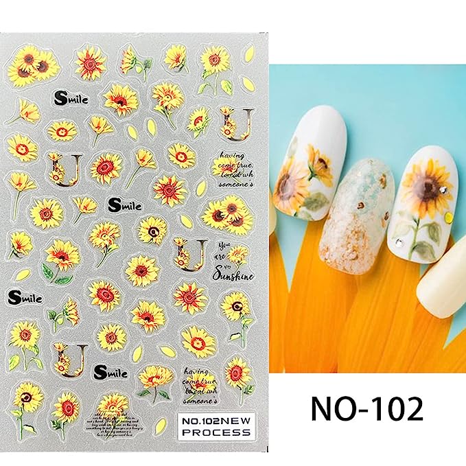Sunflower Nail Art Sticker Daisy Nail Stickers Decals Summer Nail Art Supplies for Acrylic Nail 3D Self Adhesive Yellow Flower White Pink Floral Butterfly Design DIY Manicure Nail Decoration