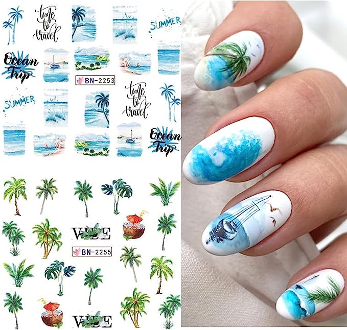 12 Sheets Summer Nail Art Stickers Water Transfer Coconut Tree Nail Decals Tropical Style Ocean Beach Nail Design Sticker Summer Nail Art Supplies for Women Girls DIY Manicure Nail Art Decorations