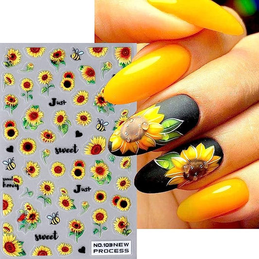 Sunflower Nail Art Sticker Daisy Nail Stickers Decals Summer Nail Art Supplies for Acrylic Nail 3D Self Adhesive Yellow Flower White Pink Floral Butterfly Design DIY Manicure Nail Decoration