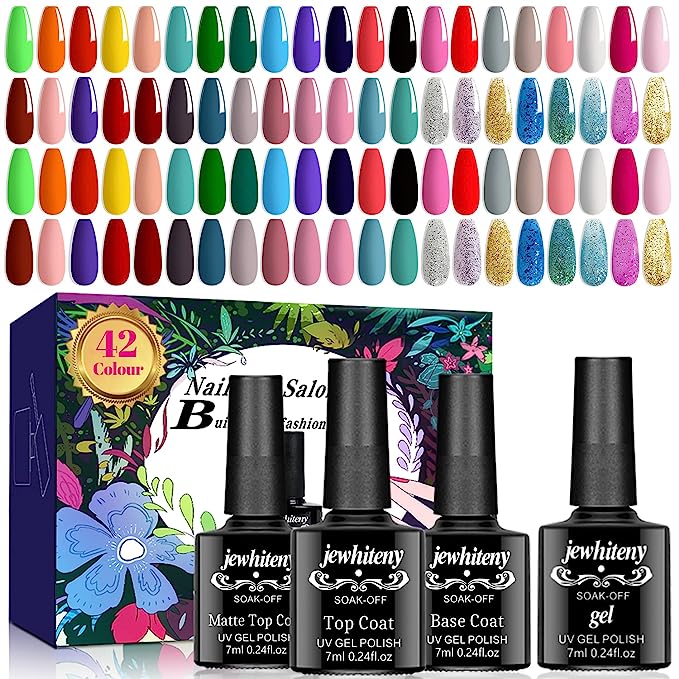 JEWHITENY 45 PCS Gel Nail Kit with 42 Colors Nail Polish Set Green Blue Red Pink Collection Gifts for Women