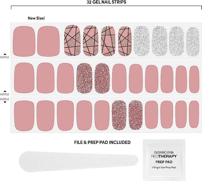 Dashing Diva Gloss Nail Strips - Rose Sparkle | UV Free, Chip Resistant, Long Lasting Gel Nail Stickers | Contains 32 Nail Wraps, 1 Prep Pad, 1 Nail File