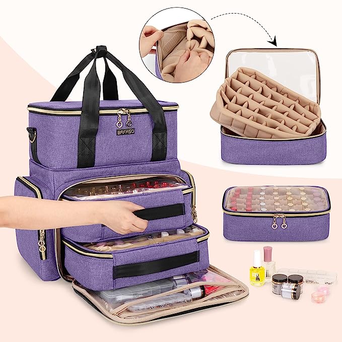 BAFASO Double Layer Nail Polish Organizer Holds 70 Bottles (15ml - 0.5 fl.oz) and a Nail Dryer, Nail Polish Case with 2 Removable Pouches and Tools Storage Sections (Patent Pending), Purple