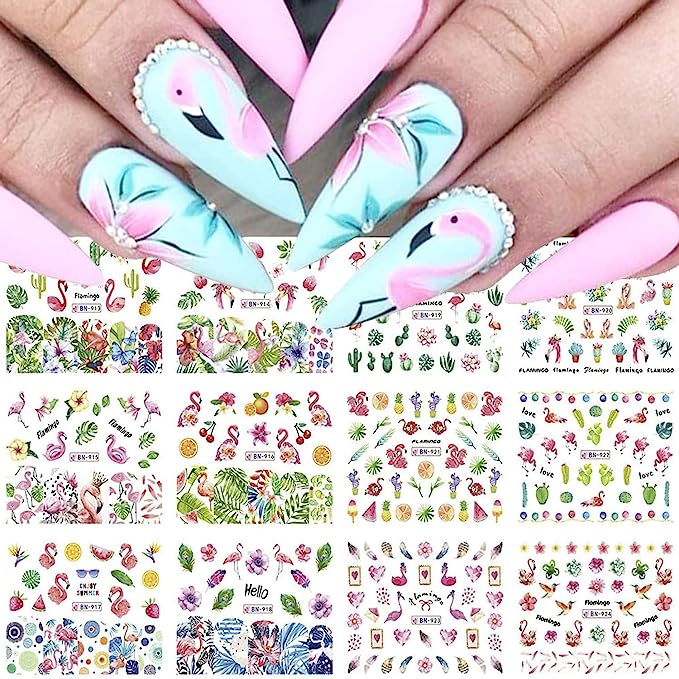 48 Sheets Flower Nail Art Stickers, Water Transfer Summer Nail Decals, Beach Palma Sunflower Design Nail Accessories for Women DIY Nail Decoraction