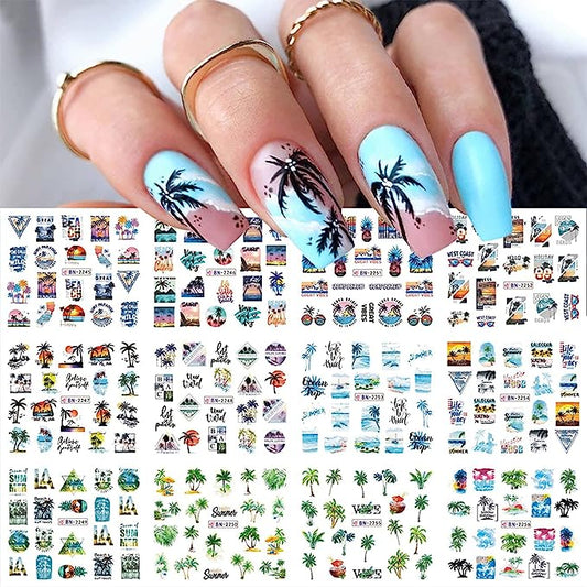 MAIOUSU STORE Nail Art Stickers, 12 Sheets Summer Palm Tree Water Transfer Nail Decals Nail Stickers with Assorted Patterns Coconut Tree Tropical Style Ocean Beach Design DIY Nail Art Decoration, nail salon near me