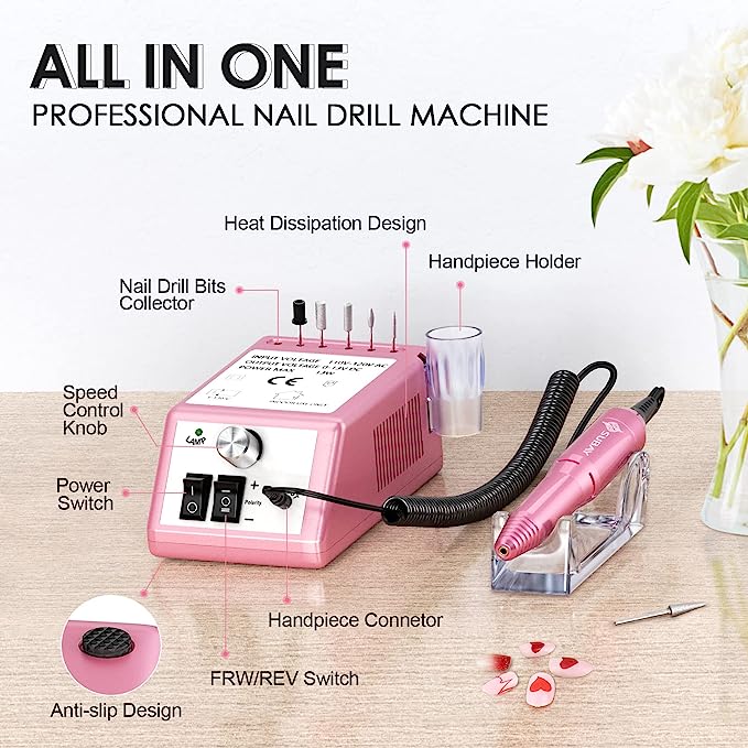 Subay Professional Finger Toe Nail Care Electric Nail Drill Machine Manicure Pedicure Kit Electric Nail Art File Drill with 1 Pack of Sanding Bands (Pink)