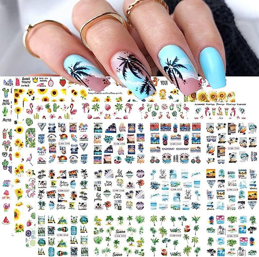 48 Sheets Flower Nail Art Stickers, Water Transfer Summer Nail Decals, Beach Palma Sunflower Design Nail Accessories for Women DIY Nail Decoraction