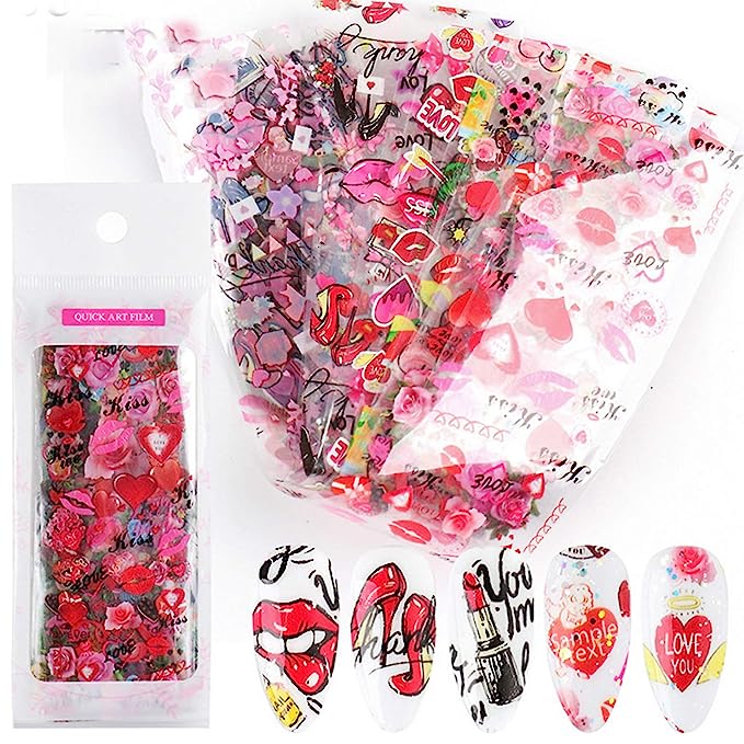 10 Sheets Summer Nail Art Foil, Kalolary Transfer Decals Nail Foils Nail Art Stickers Sexy Lip Heart Flower Nail Foil Designs Acrylic Nails Supply Starry Sky Manicure Tips Decoration