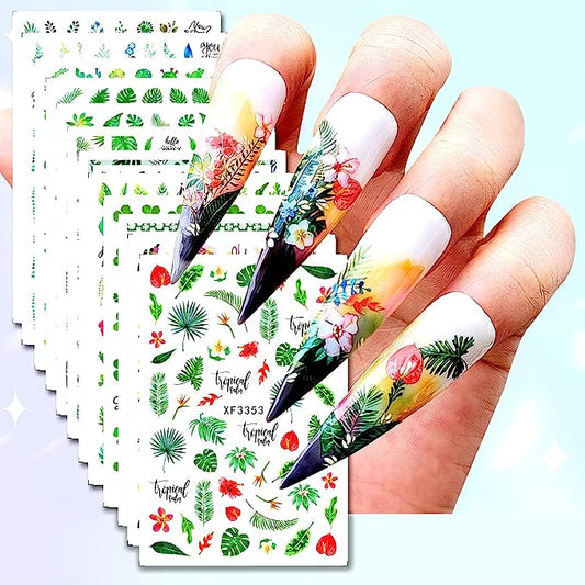 12 Sheets Leaves Nail Art Stickers Decals 3D Summer Nail Decorations Green Plants Tropical Stickers Self-Adhesive Designs Acrylic Palm Leaf Nails Supplies Manicure DIY Nails Art Accessories for Women