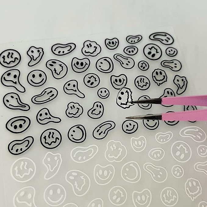 Graffiti Fun Nail Art Stickers Abstract Smiling Face Nail Decals 3D Self-Adhesive Fashion Trend Charm Black and White Twisted Smiling Face Nail Design Nail DIY Decoration for Women Girls Kids 1 Piece