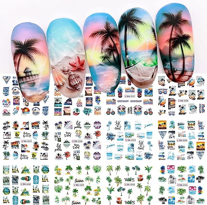 12 Sheets Summer Nail Art Stickers Water Transfer Coconut Tree Nail Decals Tropical Style Ocean Beach Nail Design Sticker Summer Nail Art Supplies for Women Girls DIY Manicure Nail Art Decorations