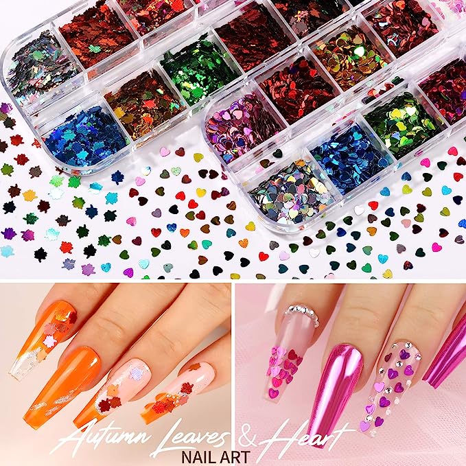 12 Sheets Nail Art Sticker 3D Self-Adhesive, Teenitor Nail Art Decoration with 5 Boxes Holographic Nail Art Glitter Flakes Butterfly Heart Star Maple Leaf Nail Sequins and Nail Art Flower Slices
