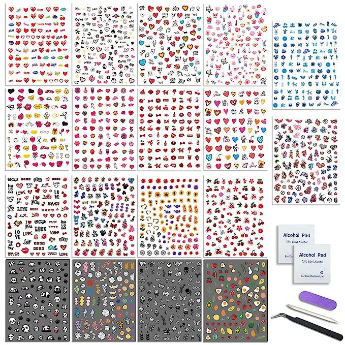 18 Sheets Nail Art Stickers for Women Girls Kids, Panda Lips Sunflower Love Heart Fruit Self-Adhesive Nail Stickers for Nail Art Decoration with Tweezers and Sticks