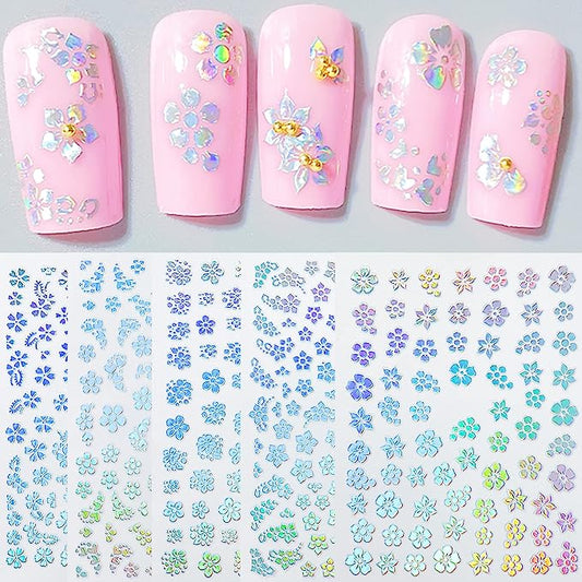 Aurora Nail Decal Stickers for Nail Design Nail Art Decoration Holographic Laser Color Luxury Flowers with 5 Petals Self Adhesive Nail Decal for Women Girls Fingernails Acrylic Nails Decor (Pack of 5)