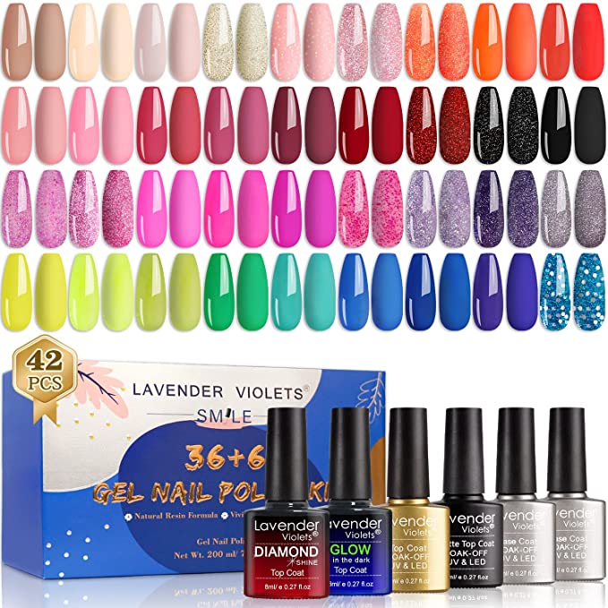Lavender Violets 42 Pcs Gel Nail Polish Kit Set with 36 Colors, 6 Bottles of Base top Coat, Glossy Matte Diamond Shine Glow in the Dark Top Coat for Women Easter Mother's Day C950