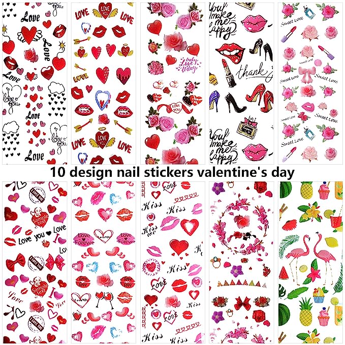 10 Sheets Summer Nail Art Foil, Kalolary Transfer Decals Nail Foils Nail Art Stickers Sexy Lip Heart Flower Nail Foil Designs Acrylic Nails Supply Starry Sky Manicure Tips Decoration