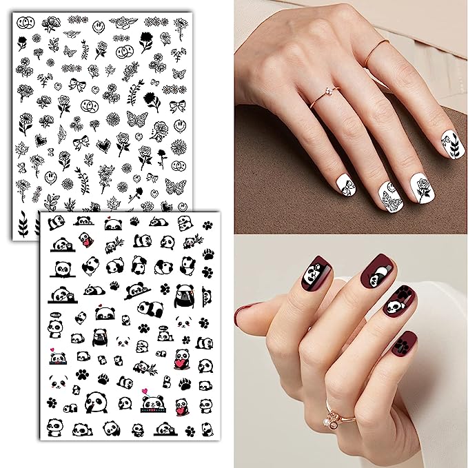 18 Sheets Nail Art Stickers for Women Girls Kids, Panda Lips Sunflower Love Heart Fruit Self-Adhesive Nail Stickers for Nail Art Decoration with Tweezers and Sticks